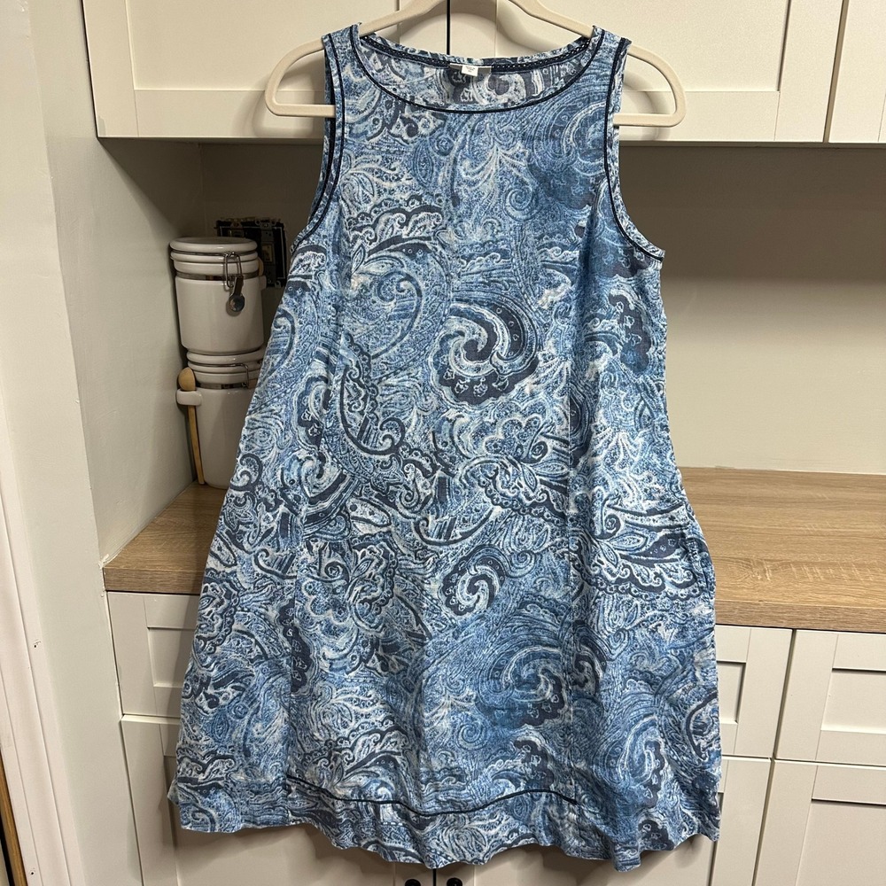 J. Jill Love Linen Shift Dress Womens XS Blue Paisley Sleeveless Pockets Coastal